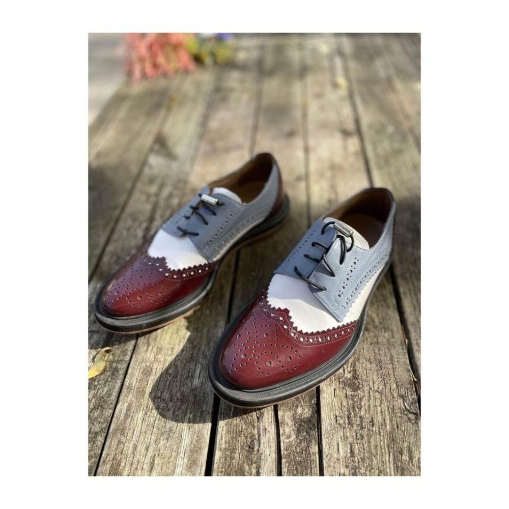 Inch2 Oxford Brogues Handmade Leather Blue White Bergundy Sz 37